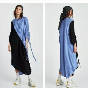 New Zara asymmetrical ribbed stretchy tee shirt material ruched long dress Small
